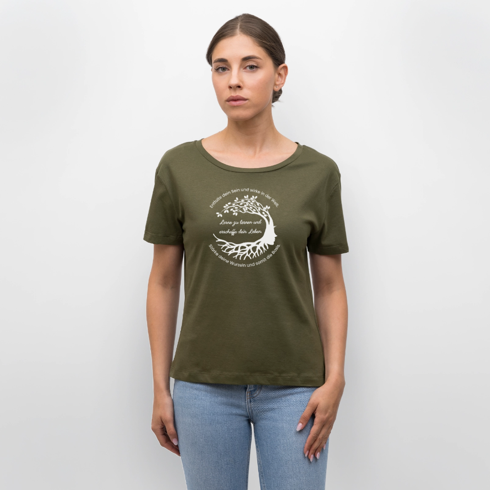 Wissen schafft Freiheit (Entfalte dein Sein) / 100% Bio Frauen T-Shirt Relaxed Rundhals - Khaki