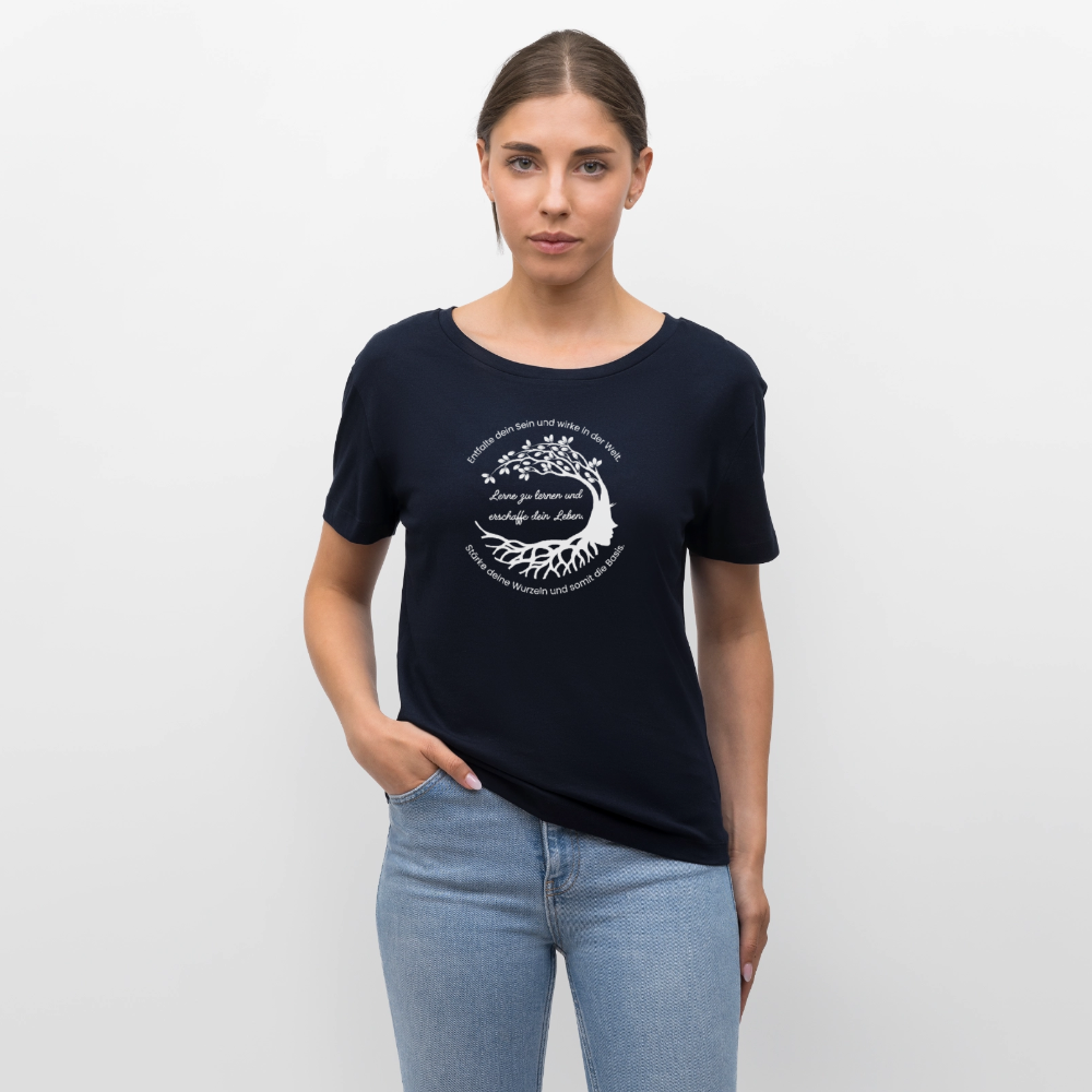 Wissen schafft Freiheit (Entfalte dein Sein) / 100% Bio Frauen T-Shirt Relaxed Rundhals - Navy