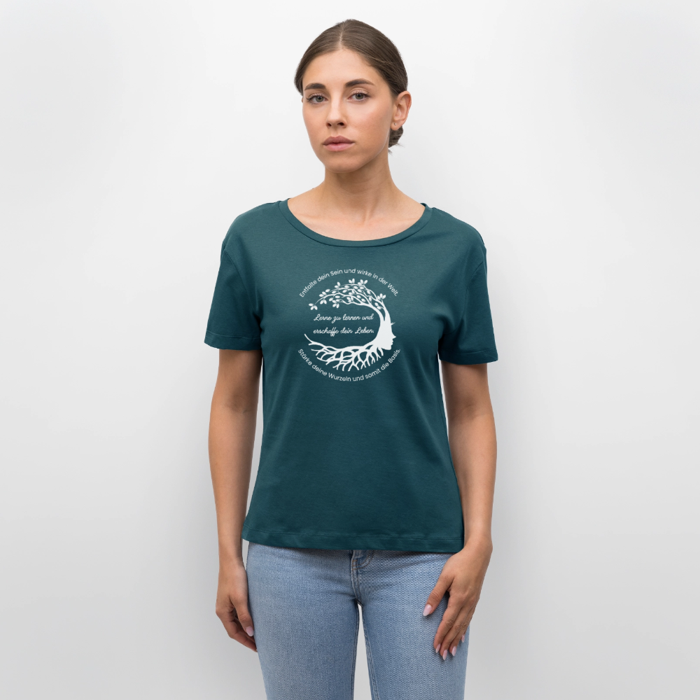 Wissen schafft Freiheit (Entfalte dein Sein) / 100% Bio Frauen T-Shirt Relaxed Rundhals - Dunkles Petrol